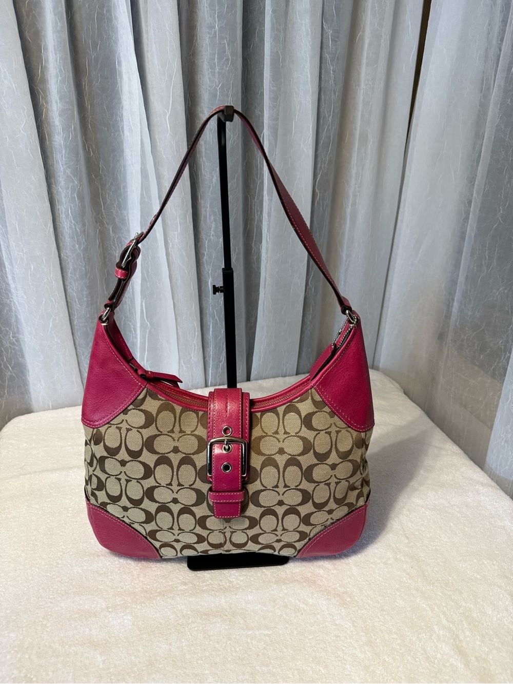 Coach Signature Monogram Hobo Bag Fuchsia Leather and Jacquard Tan Canvas